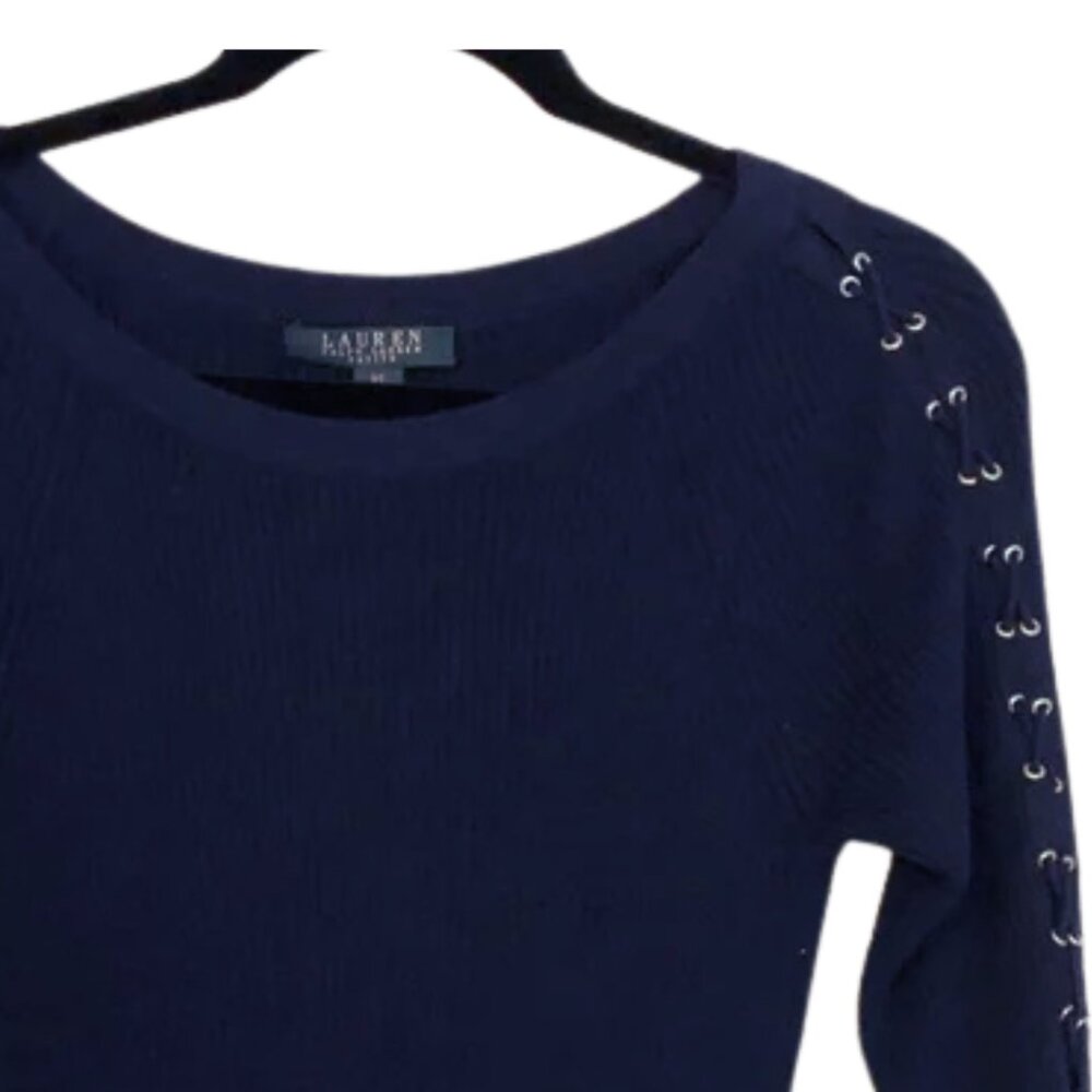 Lauren Ralph Lauren Indigo Blue sweater dress with cross stitch sleeves. 1X